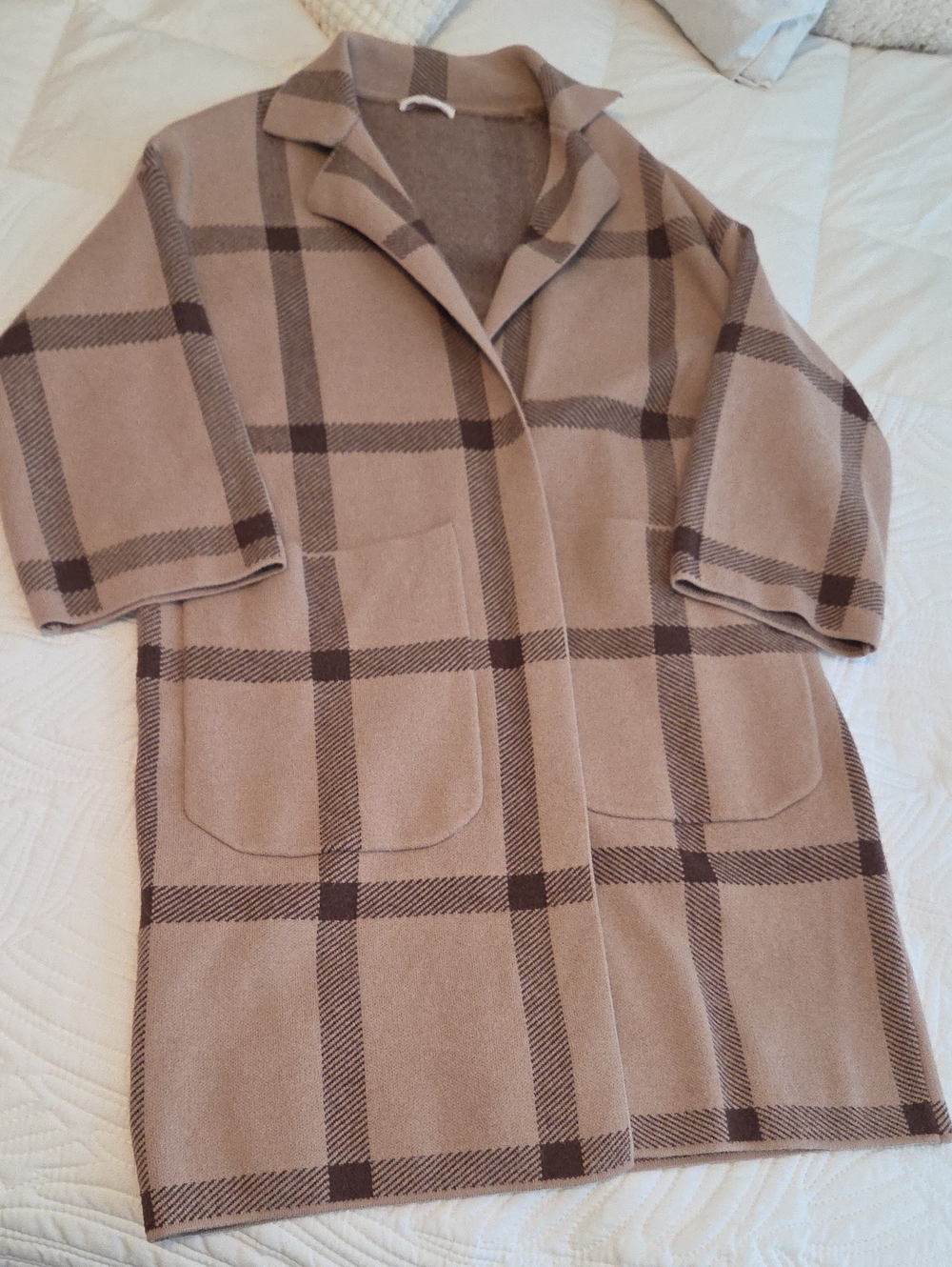 Plaid Open-Front Coatigan in Beige and Brown